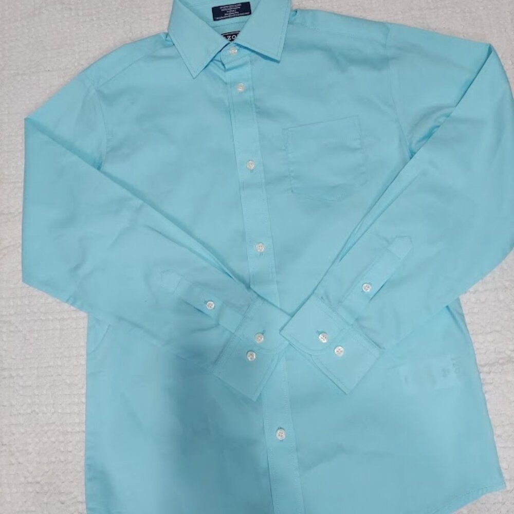 IZOD Boys Button‎ Down Dress Shirt Med 10-12 Aqua Stretch Extensible New
